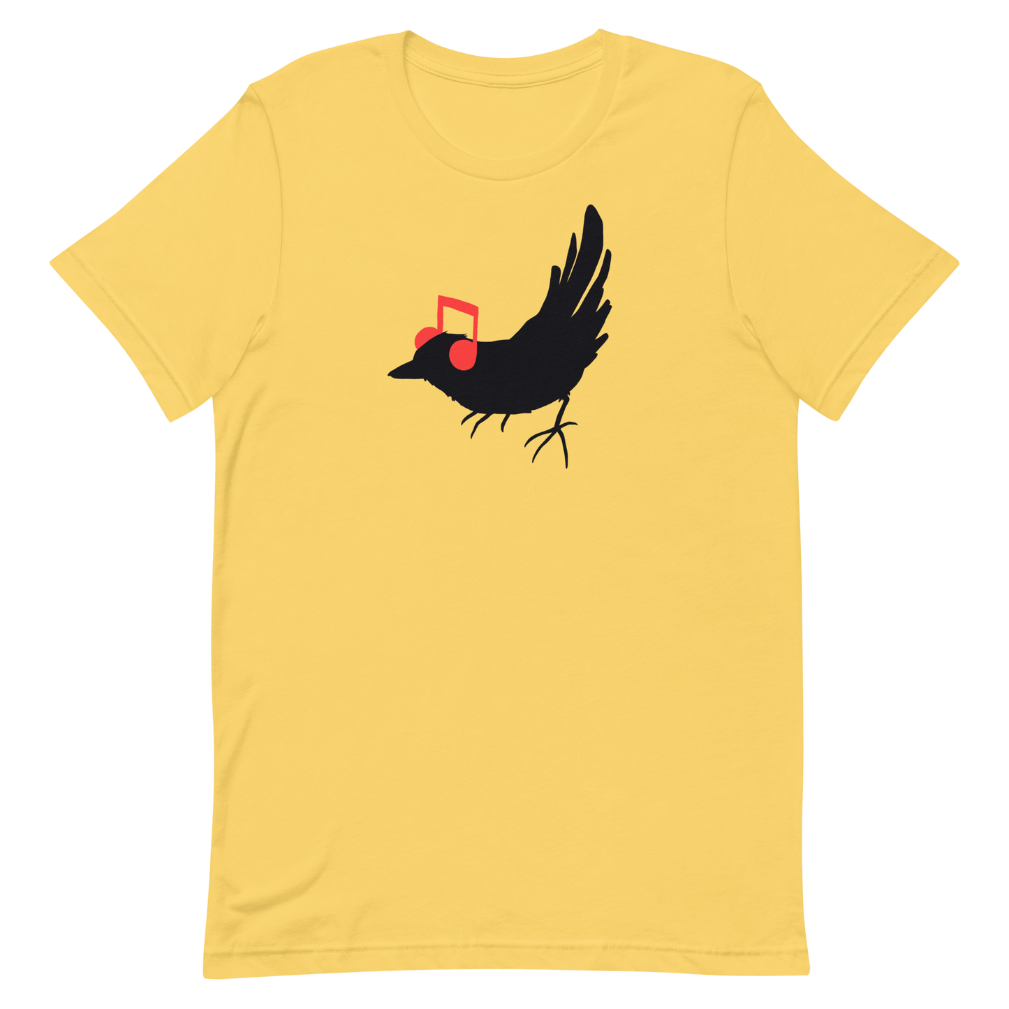 The drawing is a black silhouette of a bird in profile, standing on the ground, with bright red musical notes positioned like headphones over its ears, creating a whimsical and playful contrast. The drawing is simple, using solid colors and minimal details, giving it a modern and fun feel suitable for various merchandise like t-shirts, stickers, coffee cups, and skateboards.