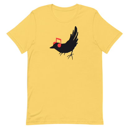 The drawing is a black silhouette of a bird in profile, standing on the ground, with bright red musical notes positioned like headphones over its ears, creating a whimsical and playful contrast. The drawing is simple, using solid colors and minimal details, giving it a modern and fun feel suitable for various merchandise like t-shirts, stickers, coffee cups, and skateboards.