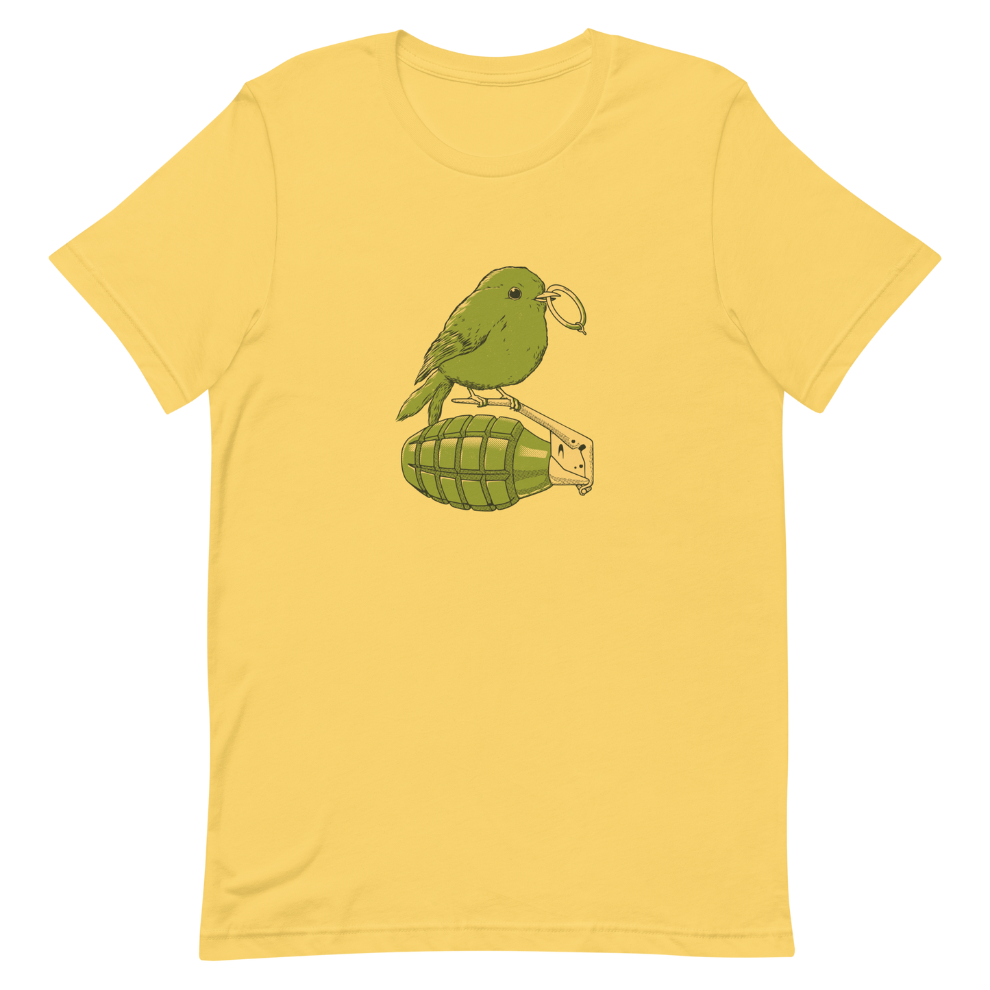 A small, detailed bird with a realistic style perches on top of a hand grenade. The bird holds the pin of the grenade in its beak, giving the image a whimsical yet ironic feel. The color palette consists of shades of green and tan, with a playful blend of nature and military elements. The overall vibe is quirky and thought-provoking, blending humor with a hint of danger.
