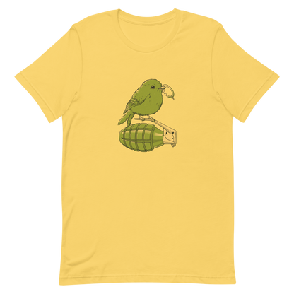 A small, detailed bird with a realistic style perches on top of a hand grenade. The bird holds the pin of the grenade in its beak, giving the image a whimsical yet ironic feel. The color palette consists of shades of green and tan, with a playful blend of nature and military elements. The overall vibe is quirky and thought-provoking, blending humor with a hint of danger.