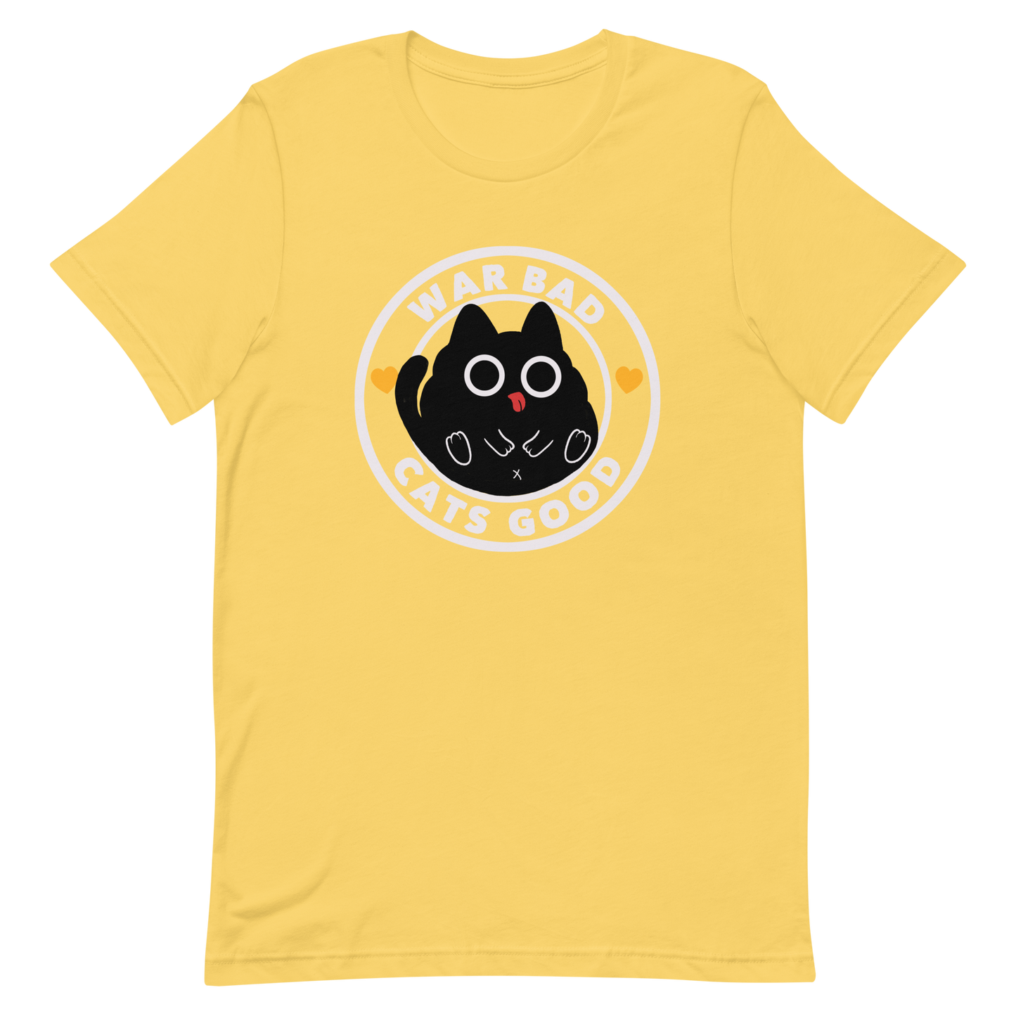 A chubby black cat with big round eyes sits in the center of a circle with the words “War Bad, Cats Good.” This artwork mixes cuteness with a powerful message, reminding us that peace and love always win over conflict. Perfect for cat lovers, peace advocates, and anyone who enjoys playful yet meaningful designs.