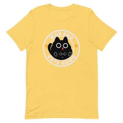 A chubby black cat with big round eyes sits in the center of a circle with the words “War Bad, Cats Good.” This artwork mixes cuteness with a powerful message, reminding us that peace and love always win over conflict. Perfect for cat lovers, peace advocates, and anyone who enjoys playful yet meaningful designs.