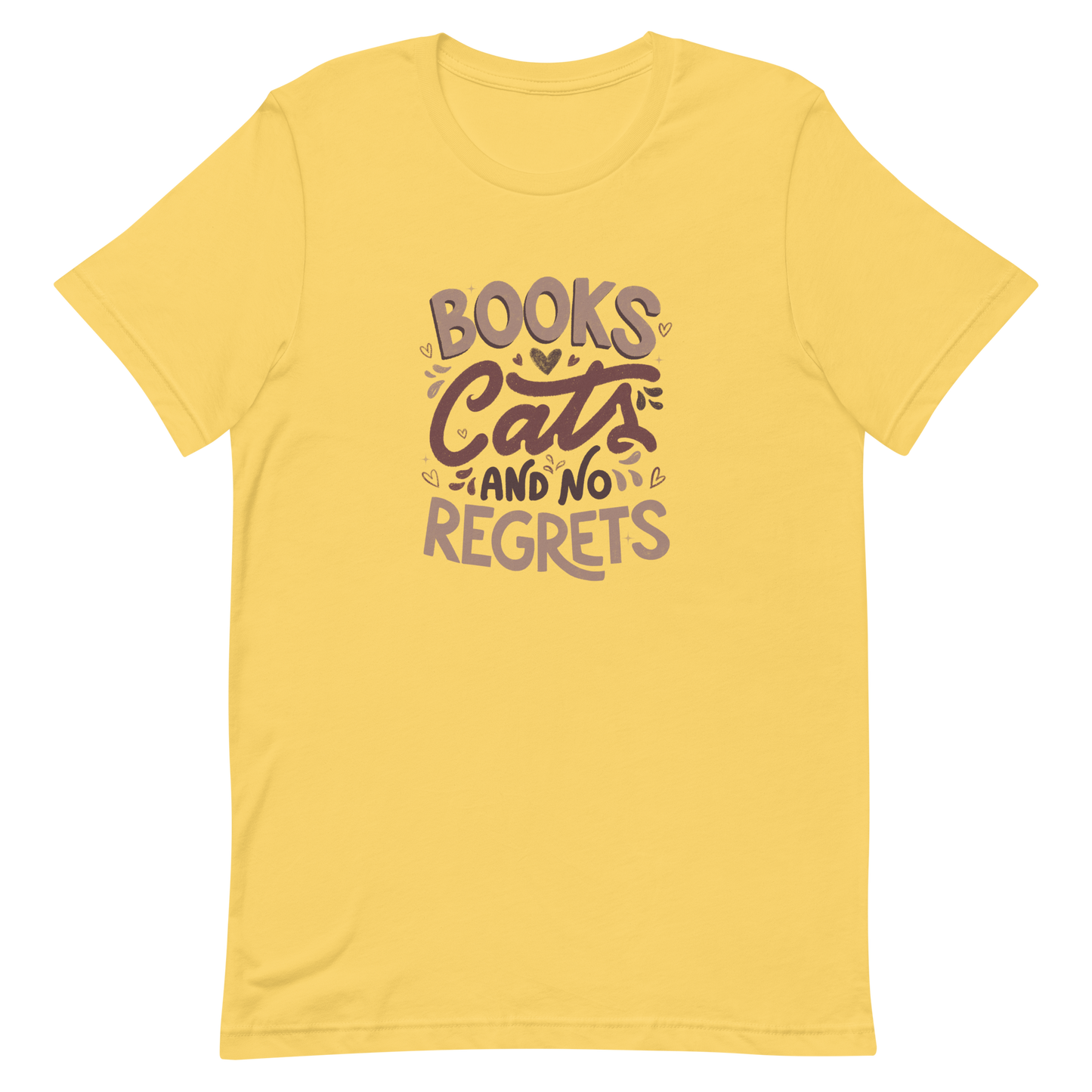 A stylish lettering with the phrase "Books, Cats, and No Regrets," decorated with hearts and cute details, conveys the idea that books and cats are all we need for a happy, regret-free life. Perfect for book lovers and cat lovers who enjoy prints full of personality.