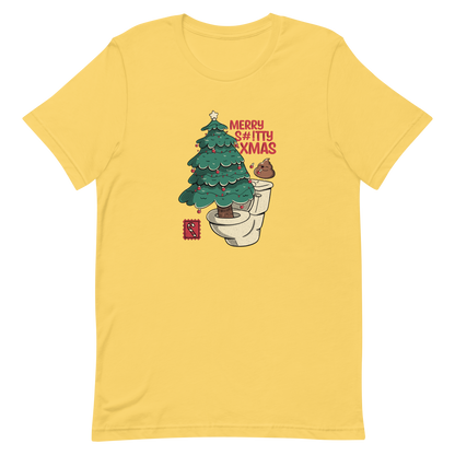 A toilet from which a Christmas tree is being decorated with Christmas decorations by a small poop, next to them the phrase "Merry Shitty Xmas". An art with a lot of humor for the Christmas mood.