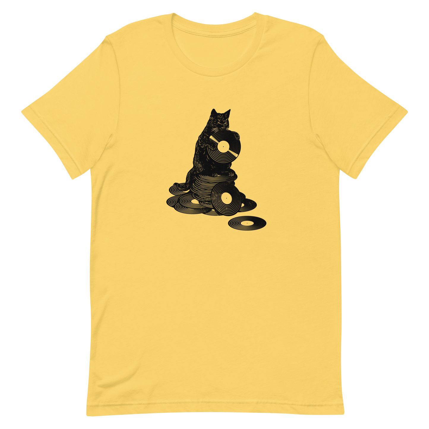 This design features a black cat cozily perched atop a stack of vinyl records, clutching one like it’s pure gold. It’s a tribute to analog lovers, feline charm, and the timeless joy of spinning a record. Perfect for music collectors, cat enthusiasts, and anyone with a nostalgic soul.