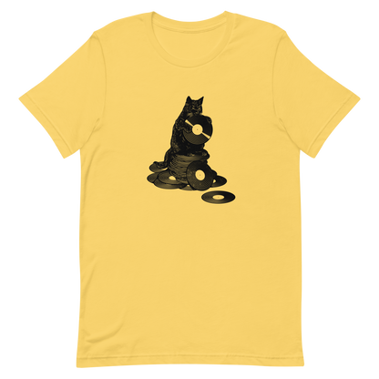 This design features a black cat cozily perched atop a stack of vinyl records, clutching one like it’s pure gold. It’s a tribute to analog lovers, feline charm, and the timeless joy of spinning a record. Perfect for music collectors, cat enthusiasts, and anyone with a nostalgic soul.