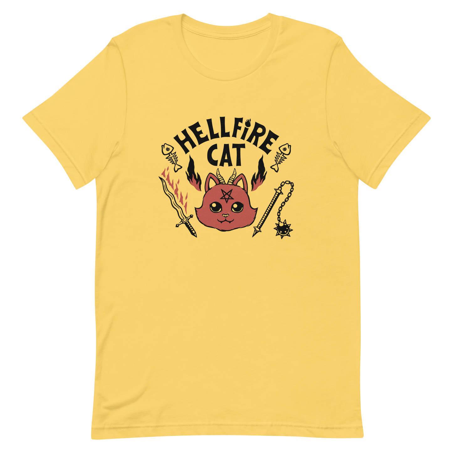 Vintage-style illustration of a cute red devil cat with small horns and a pentagram on its forehead, surrounded by flames, weapons, fish skeletons, and the bold phrase “Hellfire Cat” in a playful gothic design.