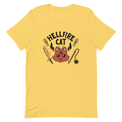 Vintage-style illustration of a cute red devil cat with small horns and a pentagram on its forehead, surrounded by flames, weapons, fish skeletons, and the bold phrase “Hellfire Cat” in a playful gothic design.