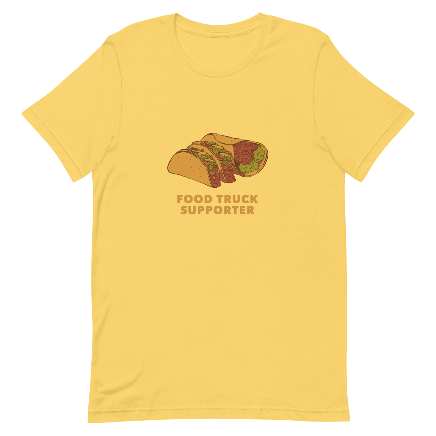 Two delicious tacos and a burrito with the phrase below "Food Truck Supporter". This design celebrates the love of street food and the joy of discovering amazing flavors on wheels. Perfect for Mexican food lovers, taco fans, and anyone who proudly supports local food trucks.
