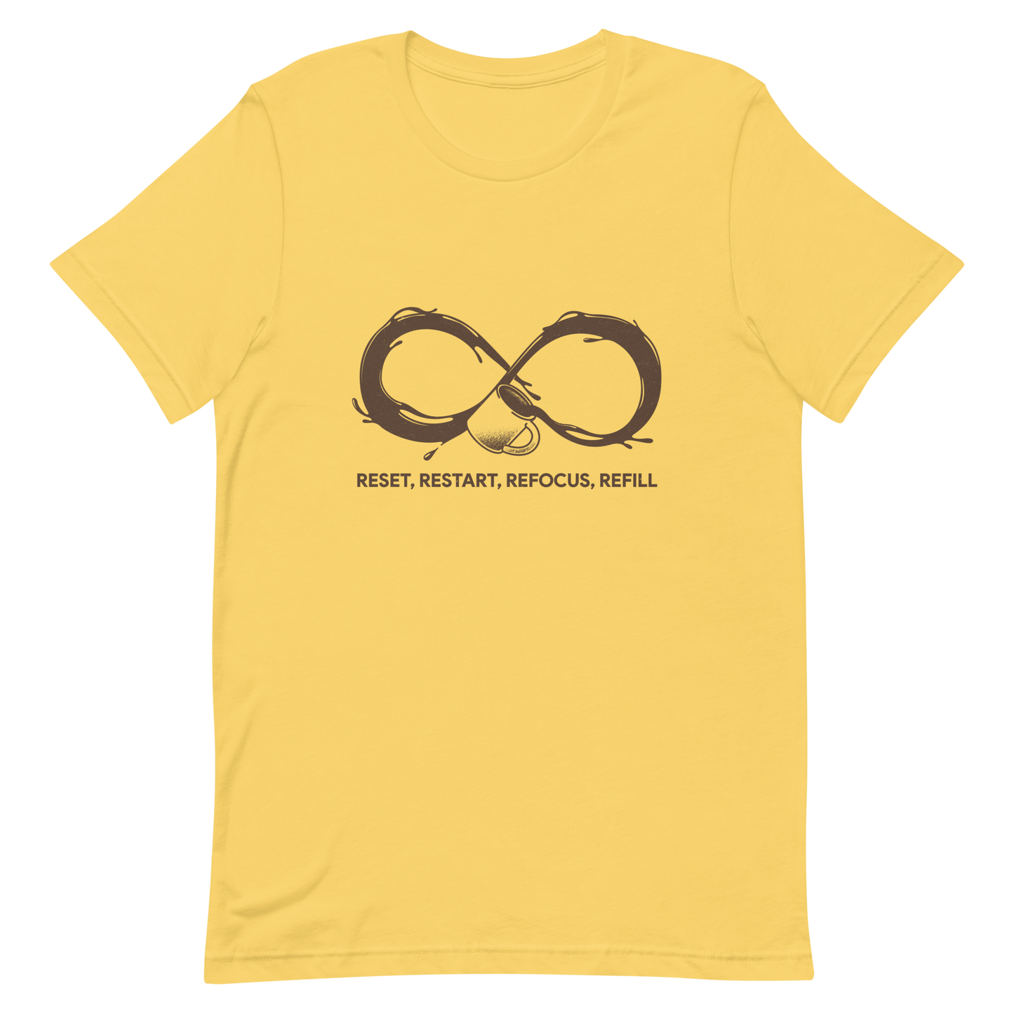 A coffee cup spills endlessly, forming an infinity symbol made of flowing coffee. This artwork celebrates the endless cycle of energy, focus, and motivation that keeps us going. Perfect for coffee lovers, caffeine addicts, and anyone who believes that every restart begins with a refill.