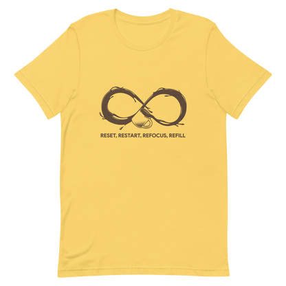 A coffee cup spills endlessly, forming an infinity symbol made of flowing coffee. This artwork celebrates the endless cycle of energy, focus, and motivation that keeps us going. Perfect for coffee lovers, caffeine addicts, and anyone who believes that every restart begins with a refill.
