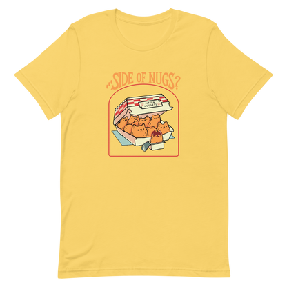 A box of cute, cat-shaped chicken nuggets, with the text "side of nugs?" on top. A work of art that blends humor, kittens, and fast food.