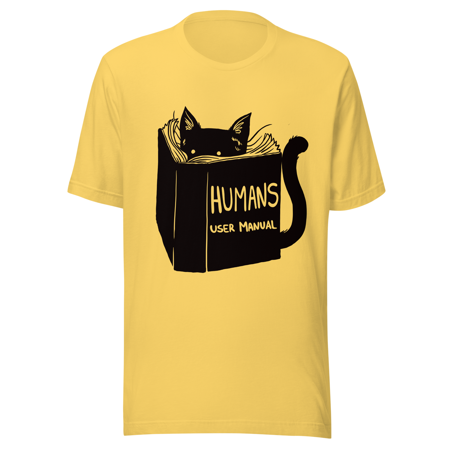 A kitten peeking out from behind a huge book titled "Humans: User Manual". This design plays on the idea that cats are trying to figure out how to control us. Perfect for cat lovers, book fans, and anyone who enjoys lighthearted humor in prints.