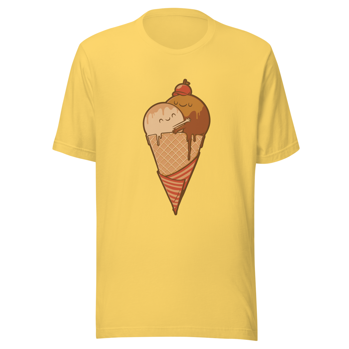 A cute illustration of an ice cream cone and two scoops hugging to form a heart, celebrating love, sweetness, and playful vibes. Perfect for dessert lovers and fans of adorable art.