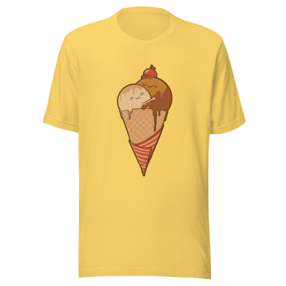 A cute illustration of an ice cream cone and two scoops hugging to form a heart, celebrating love, sweetness, and playful vibes. Perfect for dessert lovers and fans of adorable art.