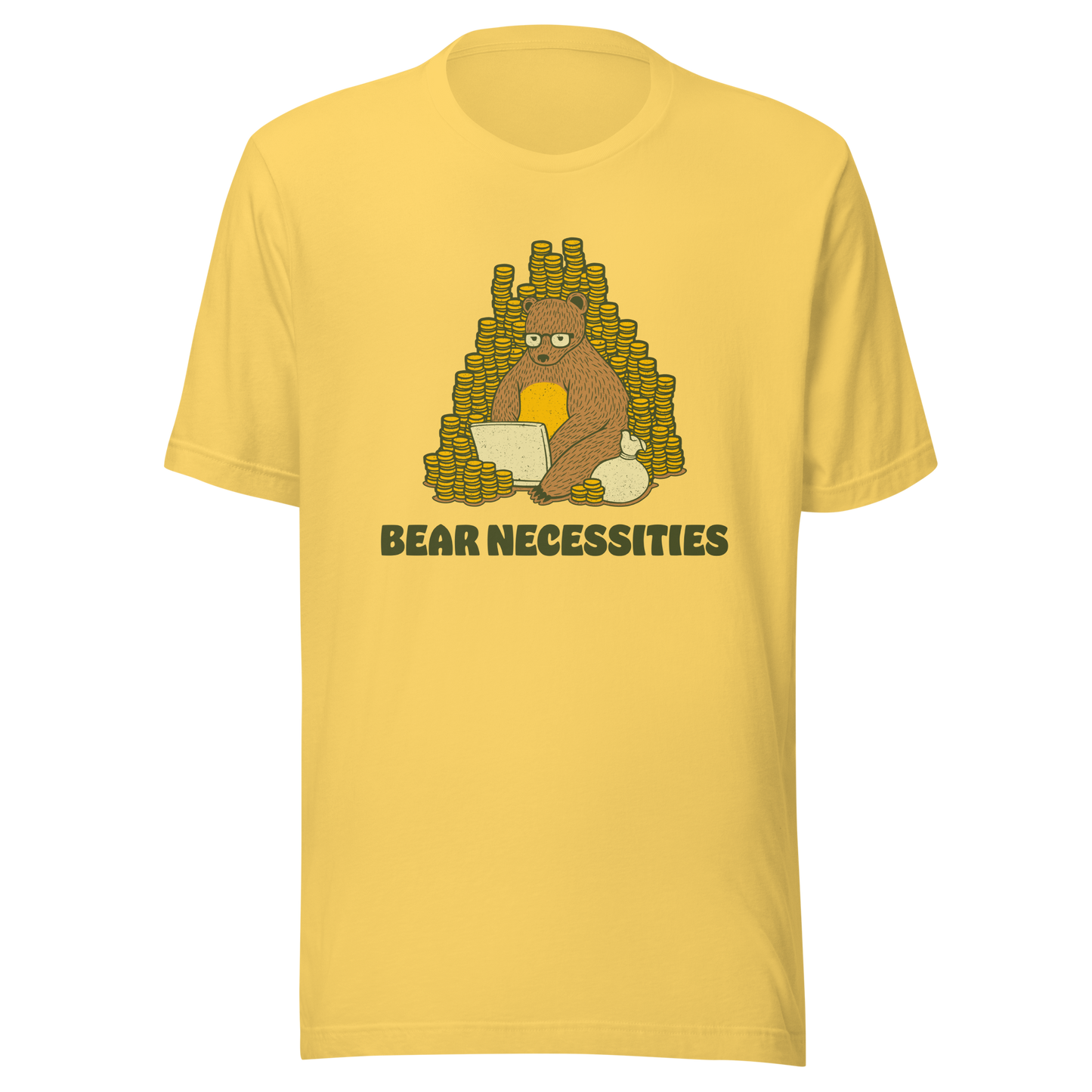 A brown bear wearing glasses works on his laptop, surrounded by stacks of coins. The phrase ‘Bear Necessities’ adds a clever, humorous twist. A minimalist and playful design, perfect for entrepreneurs, freelancers, office lovers and fans of witty animal art.