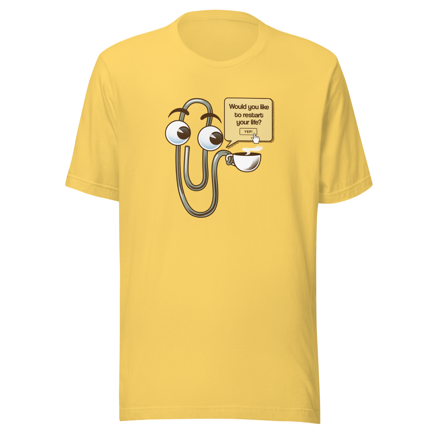 A playful paperclip character holding a cup of coffee with the phrase ‘You Look Like You Need a Coffee’. A witty, nostalgic design perfect for coffee lovers and fans of retro tech humour.