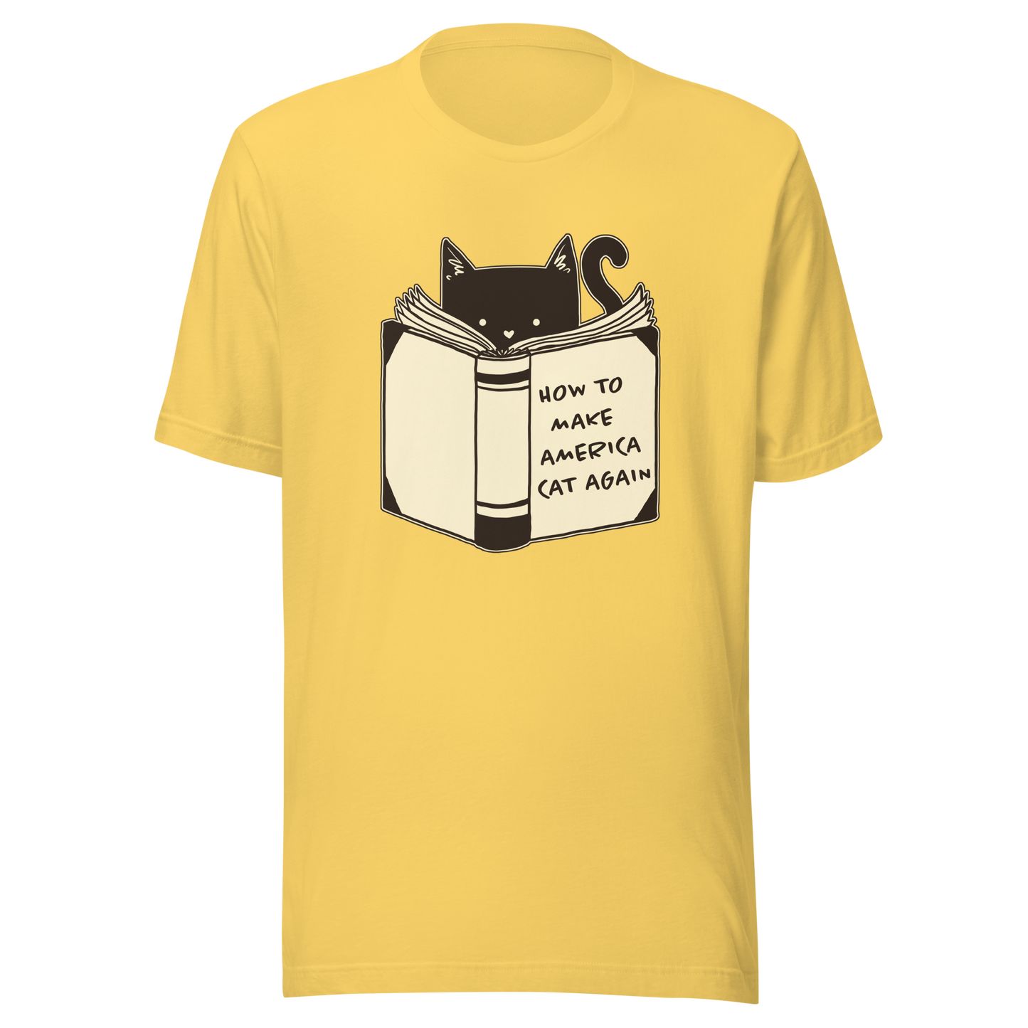 A minimalist illustration of a cat reading a book titled “How to Make America Cat Again”. A clean, witty design that blends feline charm with ironic humor, perfect for cat lovers and fans of clever, minimalist art.