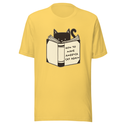 A minimalist illustration of a cat reading a book titled “How to Make America Cat Again”. A clean, witty design that blends feline charm with ironic humor, perfect for cat lovers and fans of clever, minimalist art.