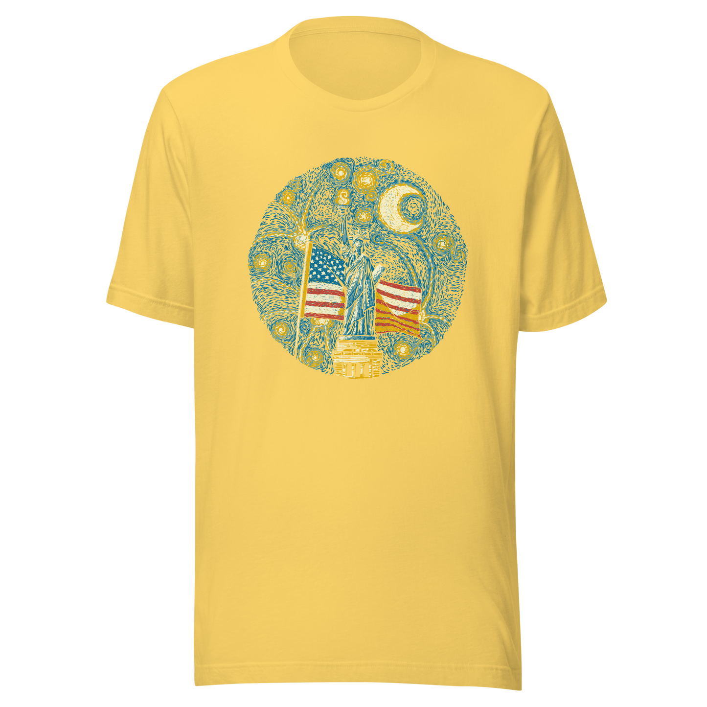An Impressionist-style artwork inspired by Van Gogh, featuring the Statue of Liberty under a swirling starry sky with the United States flag in the background. A symbolic fusion of liberty, patriotism, night sky, and expressive oil painting style, inspired by Van Gogh aesthetics.