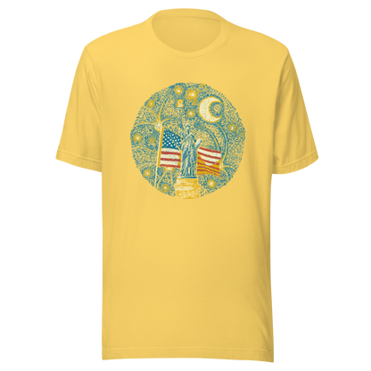 An Impressionist-style artwork inspired by Van Gogh, featuring the Statue of Liberty under a swirling starry sky with the United States flag in the background. A symbolic fusion of liberty, patriotism, night sky, and expressive oil painting style, inspired by Van Gogh aesthetics.
