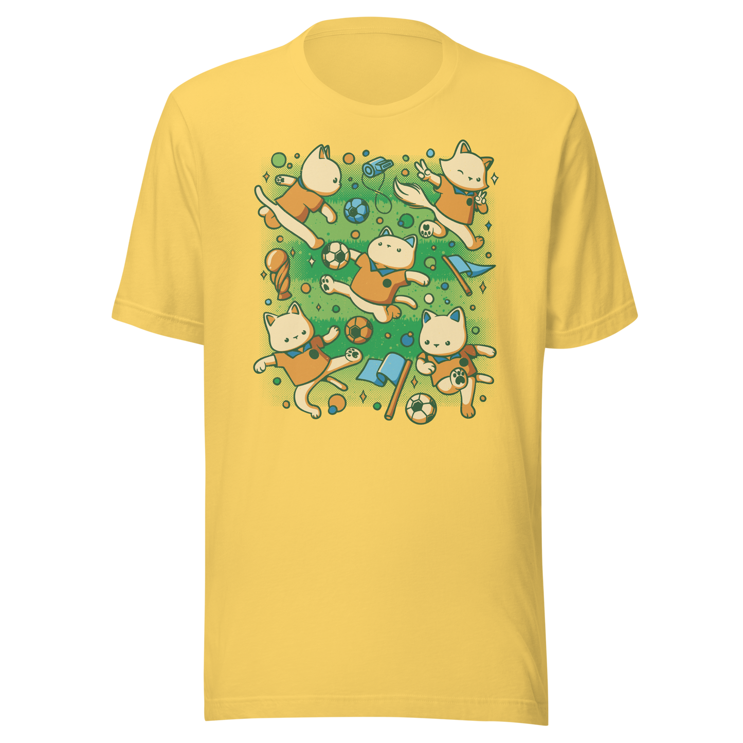 An artwork featuring several cats in soccer uniforms kicking a ball, surrounded by trophies, flags, and other football-inspired elements. A playful design perfect for cat lovers, soccer fans, and anyone who enjoys whimsical sports-themed art.