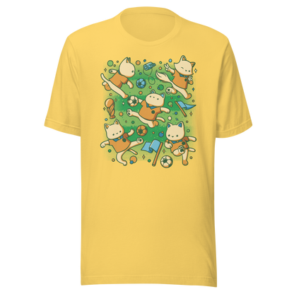 An artwork featuring several cats in soccer uniforms kicking a ball, surrounded by trophies, flags, and other football-inspired elements. A playful design perfect for cat lovers, soccer fans, and anyone who enjoys whimsical sports-themed art.