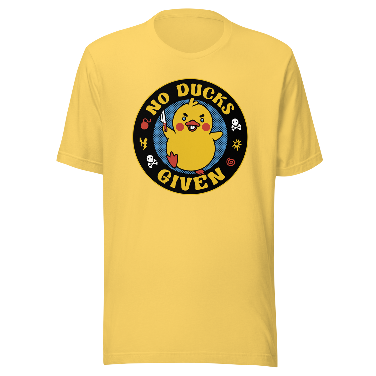 A cute yellow duck holding a small knife, around it the text "No Ducks Given". An art that mixes humor with the temperament of ducks.