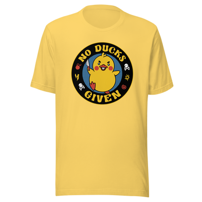A cute yellow duck holding a small knife, around it the text "No Ducks Given". An art that mixes humor with the temperament of ducks.