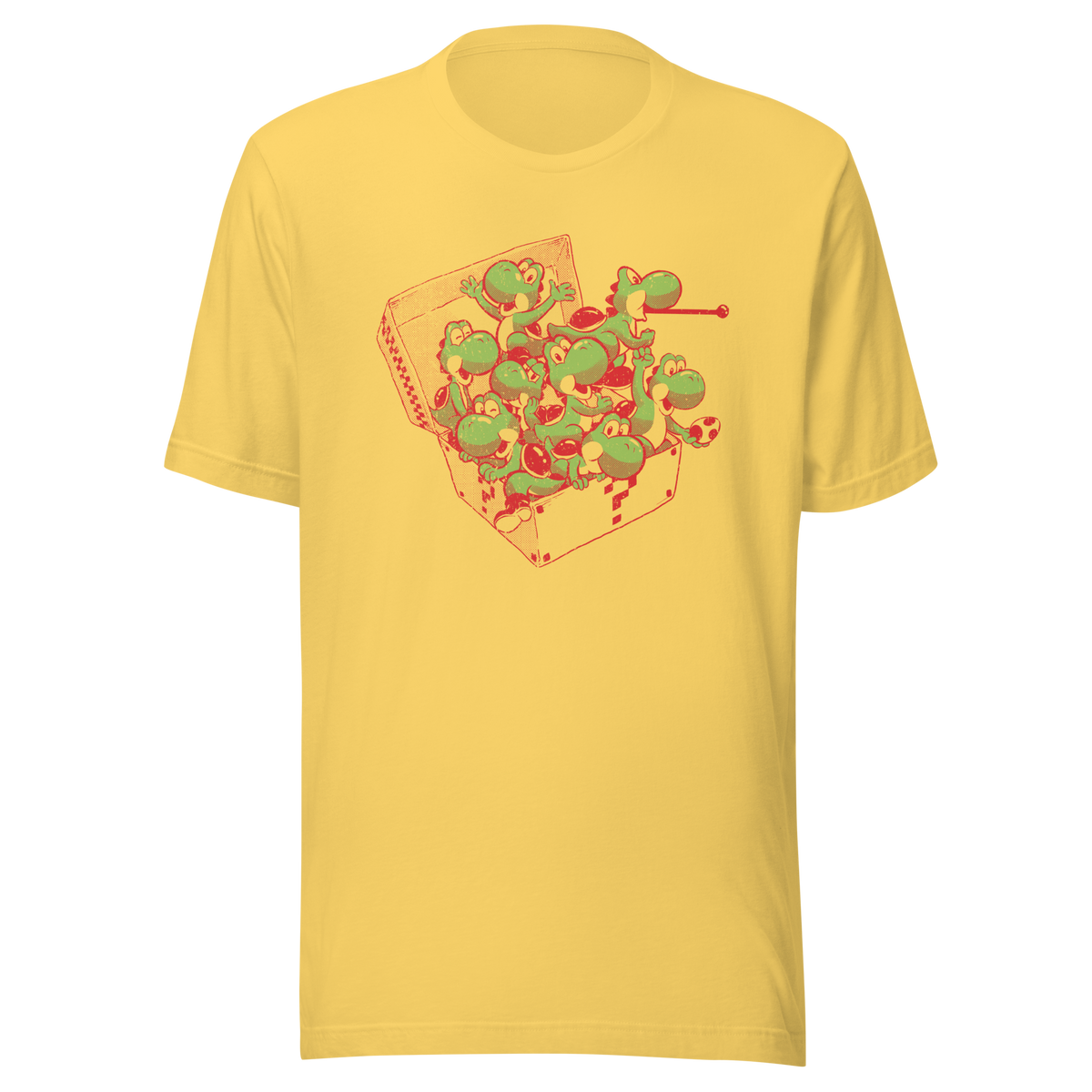 Multiple green dinosaurs packed inside an open takeaway box in a playful cartoon composition.