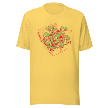 Multiple green dinosaurs packed inside an open takeaway box in a playful cartoon composition.