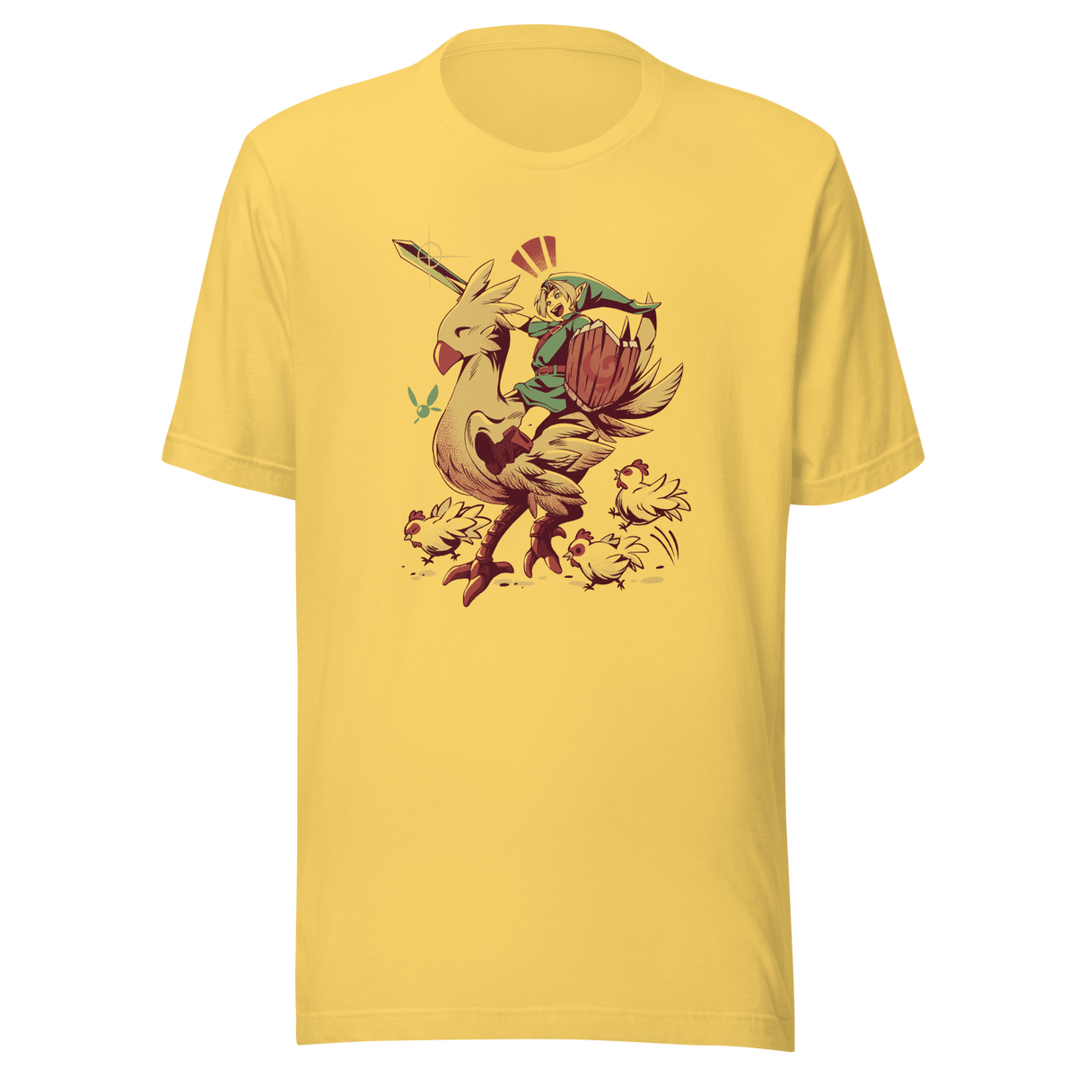 A playful fantasy illustration of a brave young hero riding a giant golden bird while holding a sword and shield.