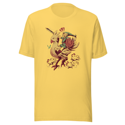 A playful fantasy illustration of a brave young hero riding a giant golden bird while holding a sword and shield.
