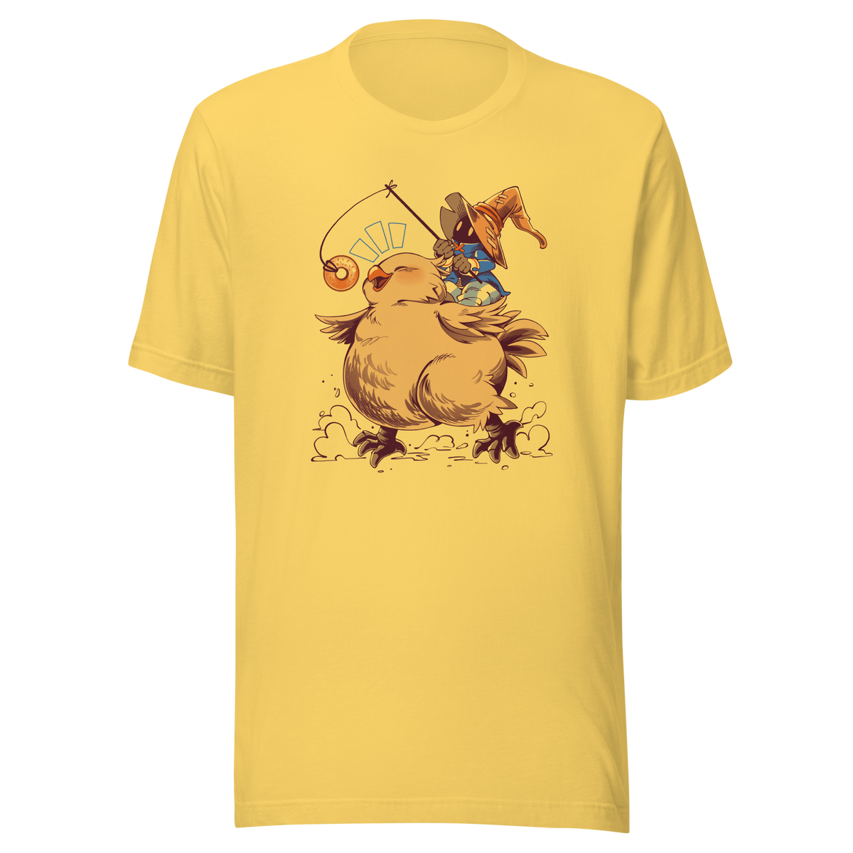 A tiny wizard rides a chunky yellow bird while chasing a dangling donut, mixing cute fantasy chaos, retro RPG charm, and playful adventure in a fun whimsical design.