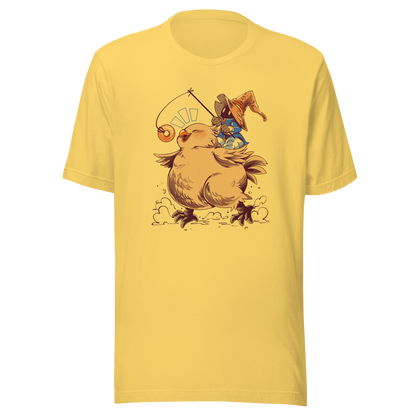 A tiny wizard rides a chunky yellow bird while chasing a dangling donut, mixing cute fantasy chaos, retro RPG charm, and playful adventure in a fun whimsical design.