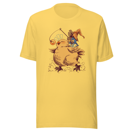 A tiny wizard rides a chunky yellow bird while chasing a dangling donut, mixing cute fantasy chaos, retro RPG charm, and playful adventure in a fun whimsical design.