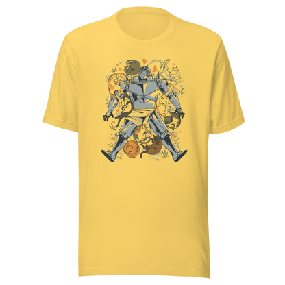 A steel-armored warrior surrounded by sleeping and playful cats, with orange hearts and tiny flowers scattered around. The humorous illustration combines medieval armor with a cozy feline theme.