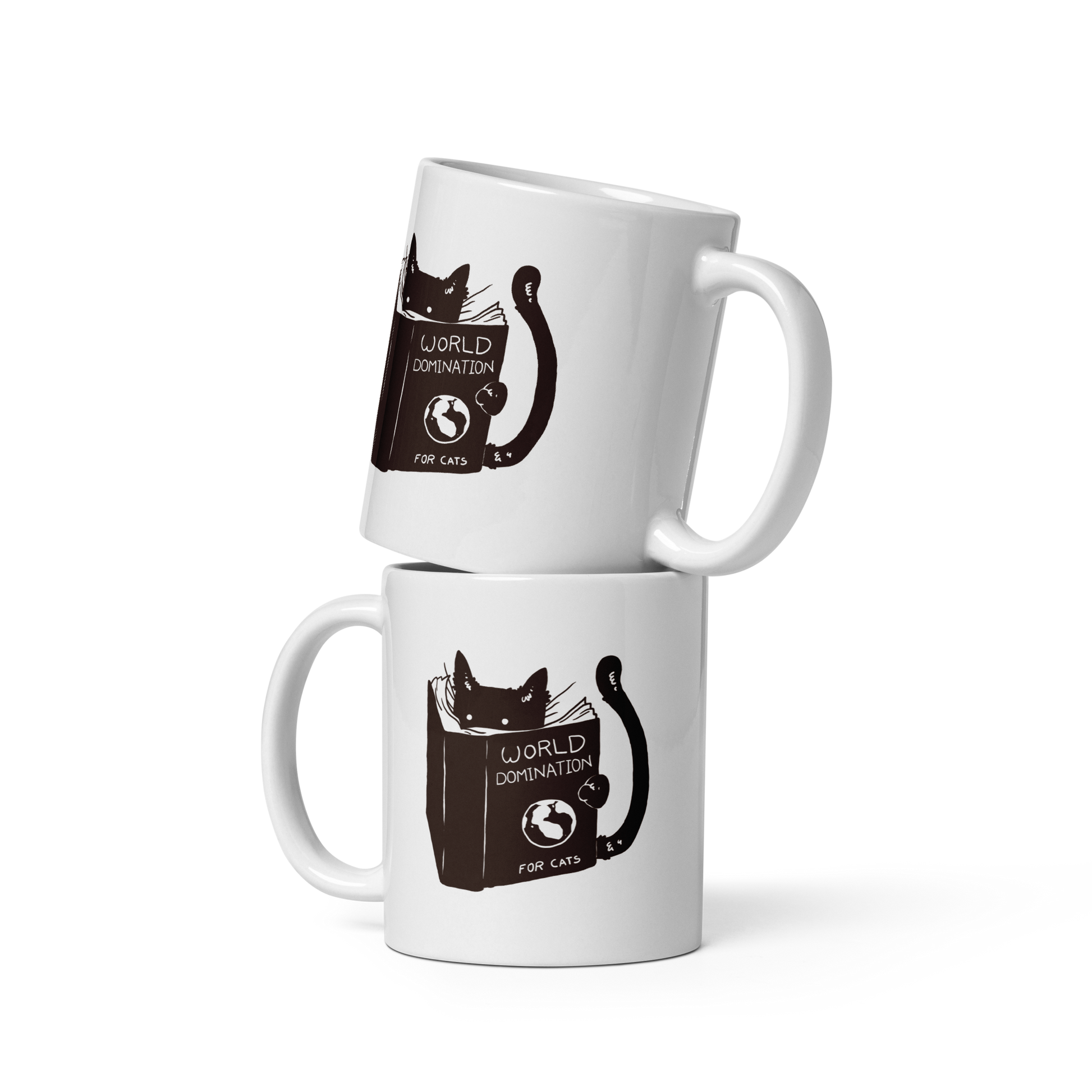 The design features a black silhouette of a cat peeking from behind an oversized book. The book's cover reads 'World Domination for Cats,' and includes a simple drawing of a globe. The cat's eyes are wide open, suggesting either surprise or intense focus on its 'world domination' plans.