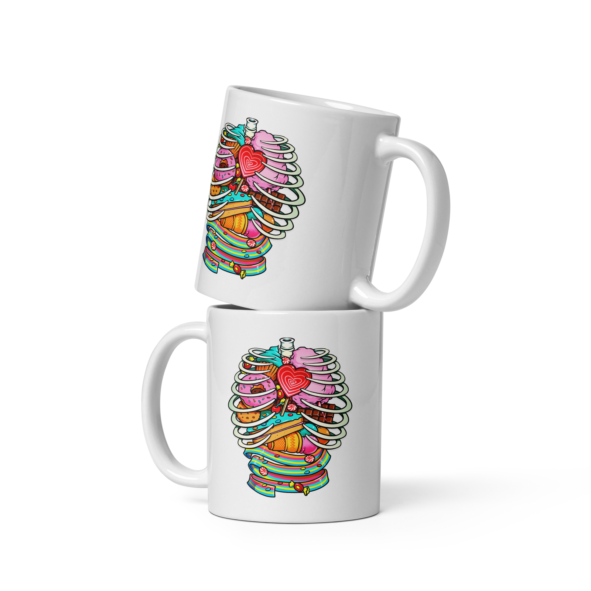 This vibrant design features a detailed, cartoonish human ribcage with various colorful candies and sweets filling the cavity. The sweets include a heart-shaped lollipop, cookies, cotton candy, chocolate bars, ice cream, donuts, and colorful candy strips. The style is reminiscent of pop art with bold lines and vivid colors, making it visually striking and playful.