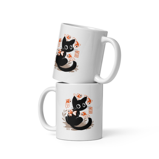 This unique design features a charming black cat amidst playful koi, rendered in beautiful Sumi-e ink style. A perfect blend of Japanese art and anime whimsy for any cat lover.