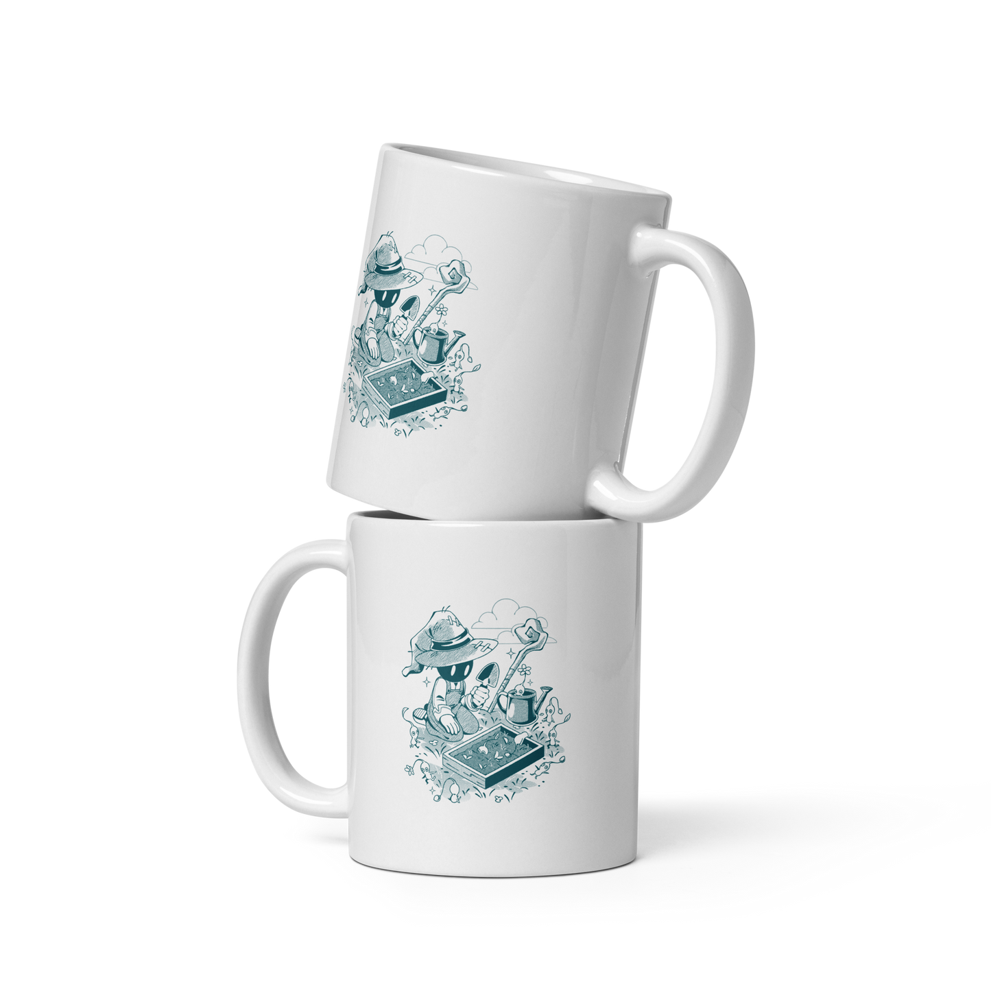 Illustration of a small wizard-like figure kneeling in a garden, using a trowel to plant seedlings while tiny plant creatures gather around, with a staff, watering can, and clouds in the background, drawn in a monochrome teal style.