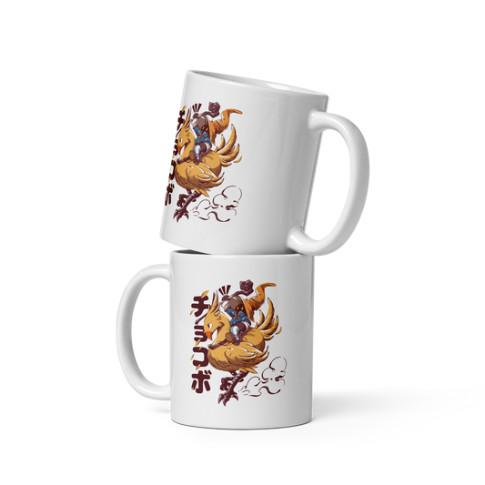 A speedy yellow bird dashes forward with a tiny mage rider gripping tight and ready for action. A fun and nostalgic design full of movement and fantasy charm.