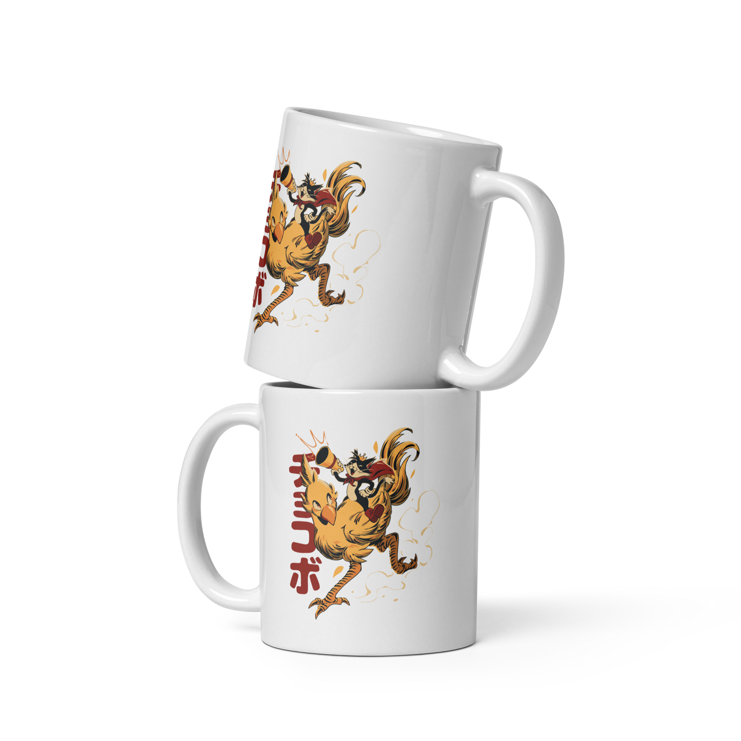 A stylized cartoon illustration of a confident cat wearing a cape and crown while riding a large yellow bird at full speed, with dynamic motion lines and Japanese writing in the background.