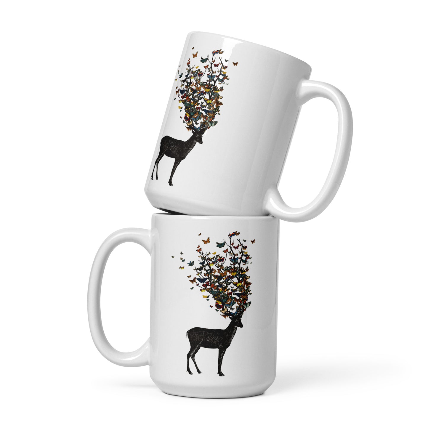 The image depicts a dark, silhouetted deer standing on a neutral background. Instead of branches, its antlers transform into a swirling cloud of vibrant, colorful butterflies that extend upwards and outward. The mix of organic and ethereal elements creates a captivating and whimsical visual contrast.