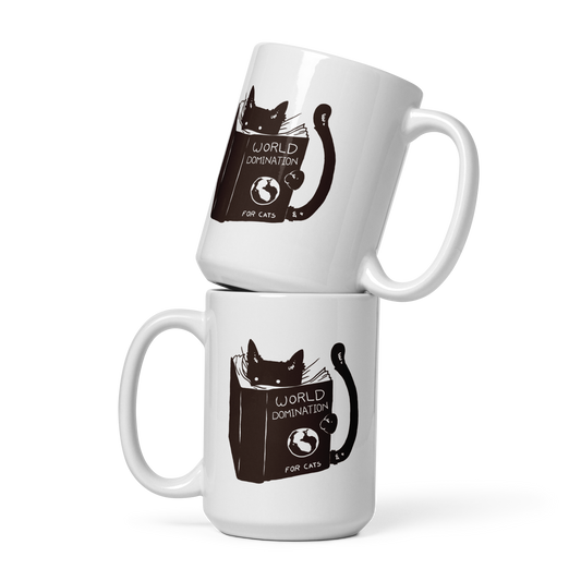 The design features a black silhouette of a cat peeking from behind an oversized book. The book's cover reads 'World Domination for Cats,' and includes a simple drawing of a globe. The cat's eyes are wide open, suggesting either surprise or intense focus on its 'world domination' plans.
