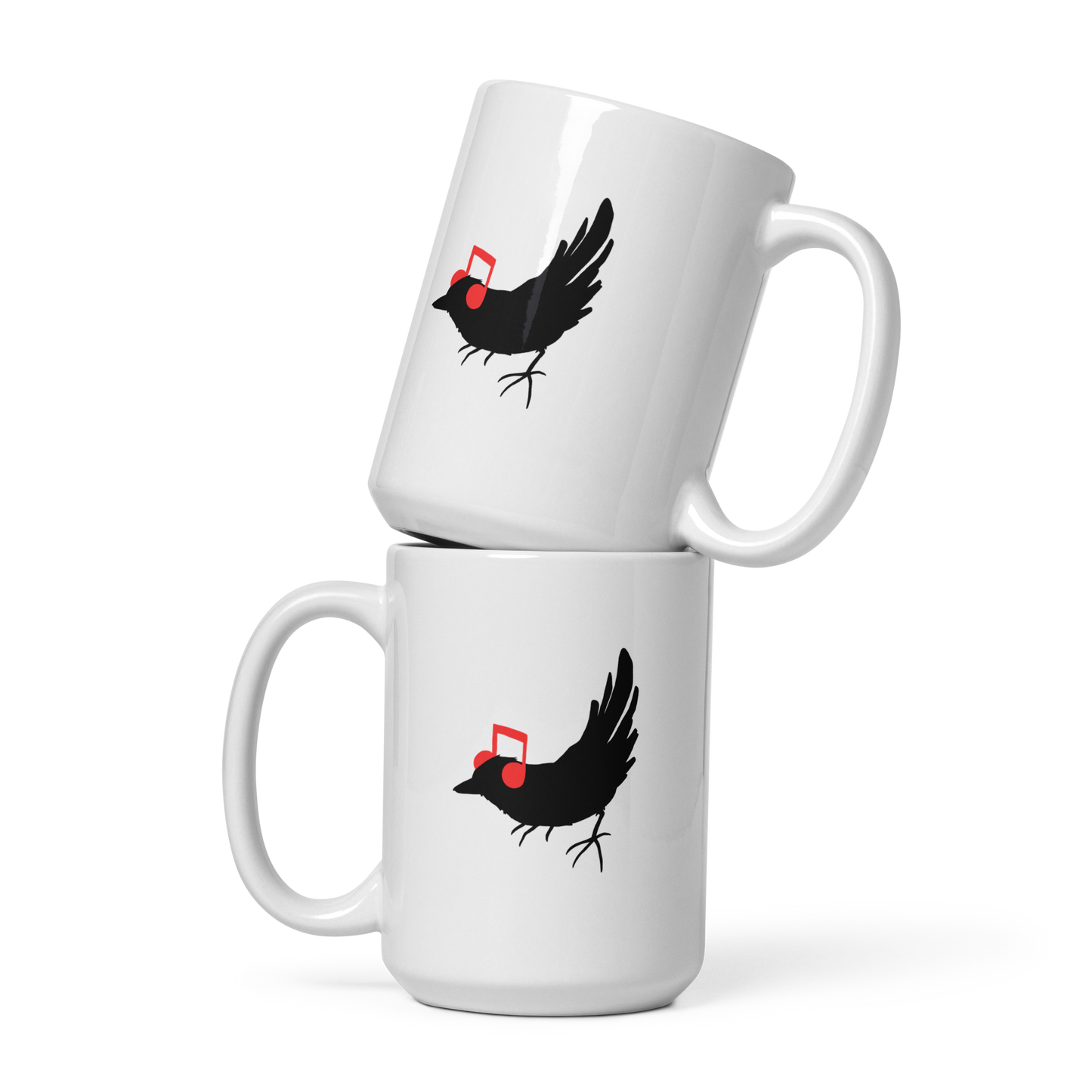 The drawing is a black silhouette of a bird in profile, standing on the ground, with bright red musical notes positioned like headphones over its ears, creating a whimsical and playful contrast. The drawing is simple, using solid colors and minimal details, giving it a modern and fun feel suitable for various merchandise like t-shirts, stickers, coffee cups, and skateboards.