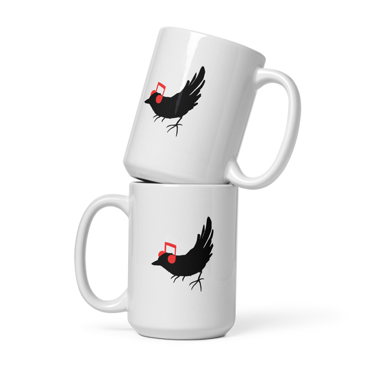 The drawing is a black silhouette of a bird in profile, standing on the ground, with bright red musical notes positioned like headphones over its ears, creating a whimsical and playful contrast. The drawing is simple, using solid colors and minimal details, giving it a modern and fun feel suitable for various merchandise like t-shirts, stickers, coffee cups, and skateboards.