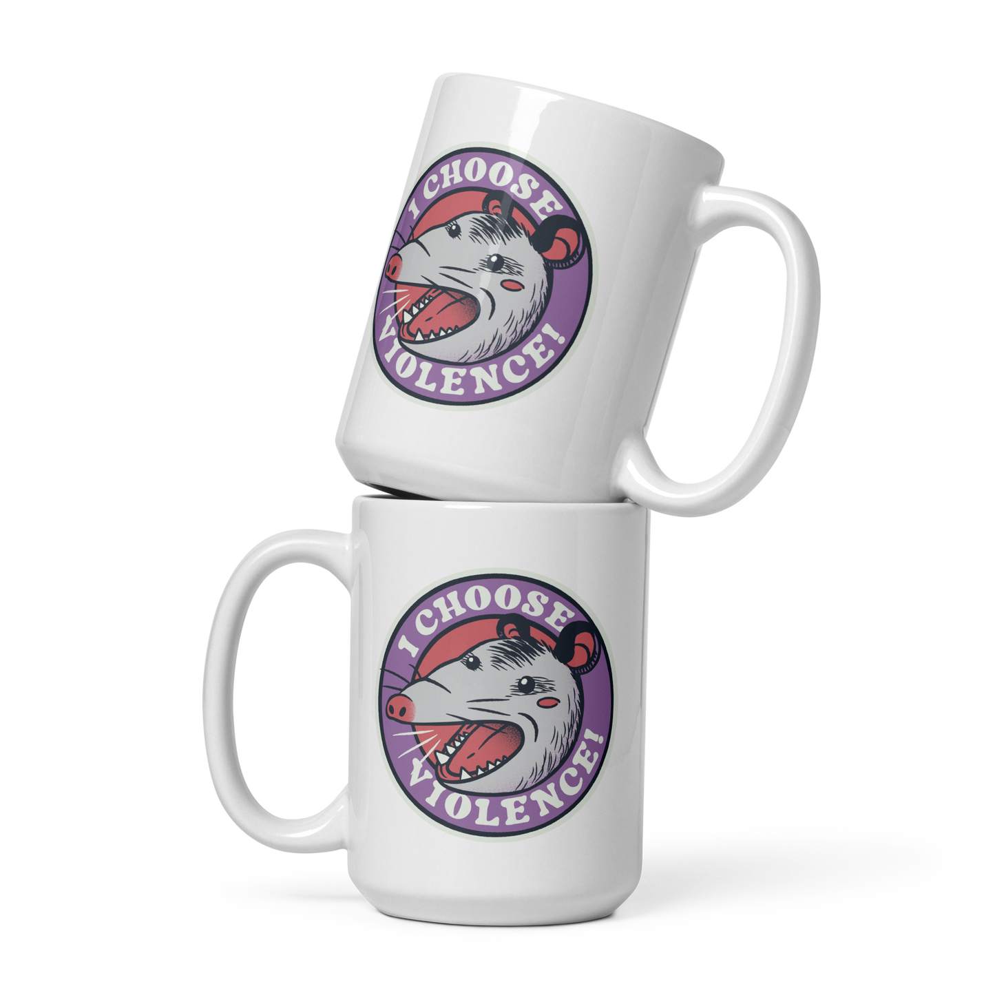 A circular design featuring an opossum with an open mouth showing sharp teeth, set against a red and purple background. Surrounding the animal, the text reads 'I Choose Violence!' in bold, white letters. The opossum has a somewhat comical yet aggressive expression. The design has an edgy, cartoon-like style, suitable for various products like t-shirts and stickers.