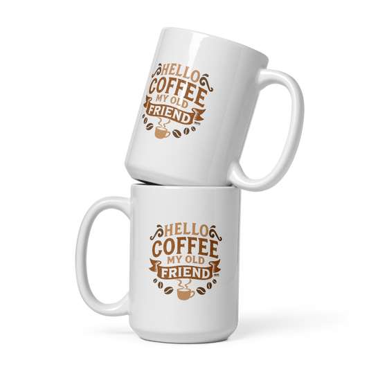 Vintage-style graphic featuring the phrase “Hello Coffee My Old Friend” in bold brown lettering, surrounded by decorative flourishes, coffee beans, and a steaming coffee cup.