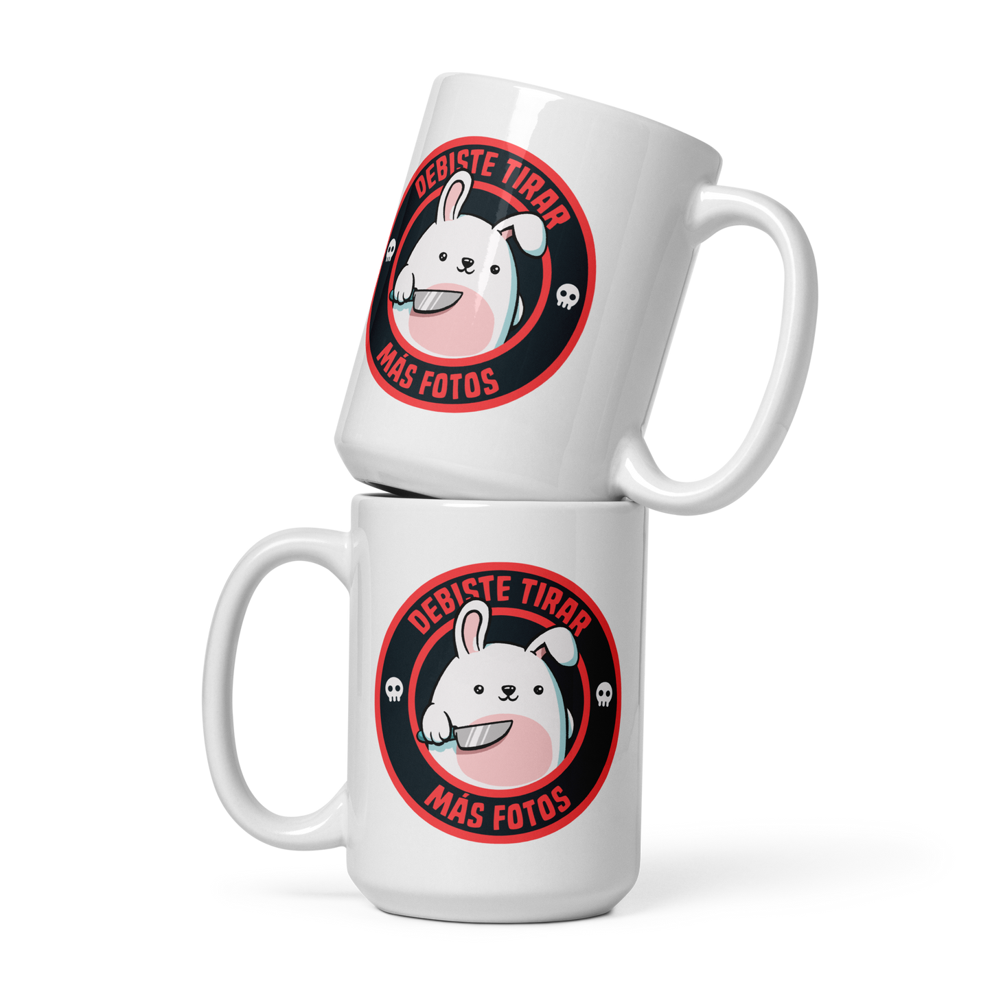 A cute white cartoon bunny with a pink belly stands holding a large kitchen knife in one paw. Surrounding the bunny is a red circular border with the words 'DEBISTE TIRAR MÁS FOTOS'. Small skull icons are on either side of the circle. The overall tone is a mix of adorable and ironic humor.